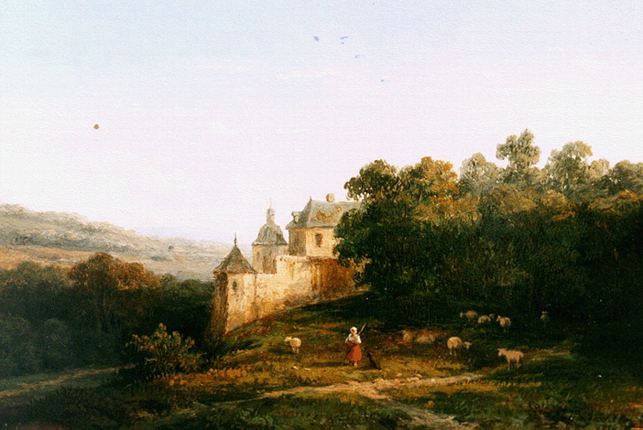 Wijngaerdt A.J. van | Anthonie Jacobus van Wijngaerdt, Mountainous landscape with a castle in the distance, Öl auf Holz 15,2 x 22,2 cm, signed l.r. und dated 1854