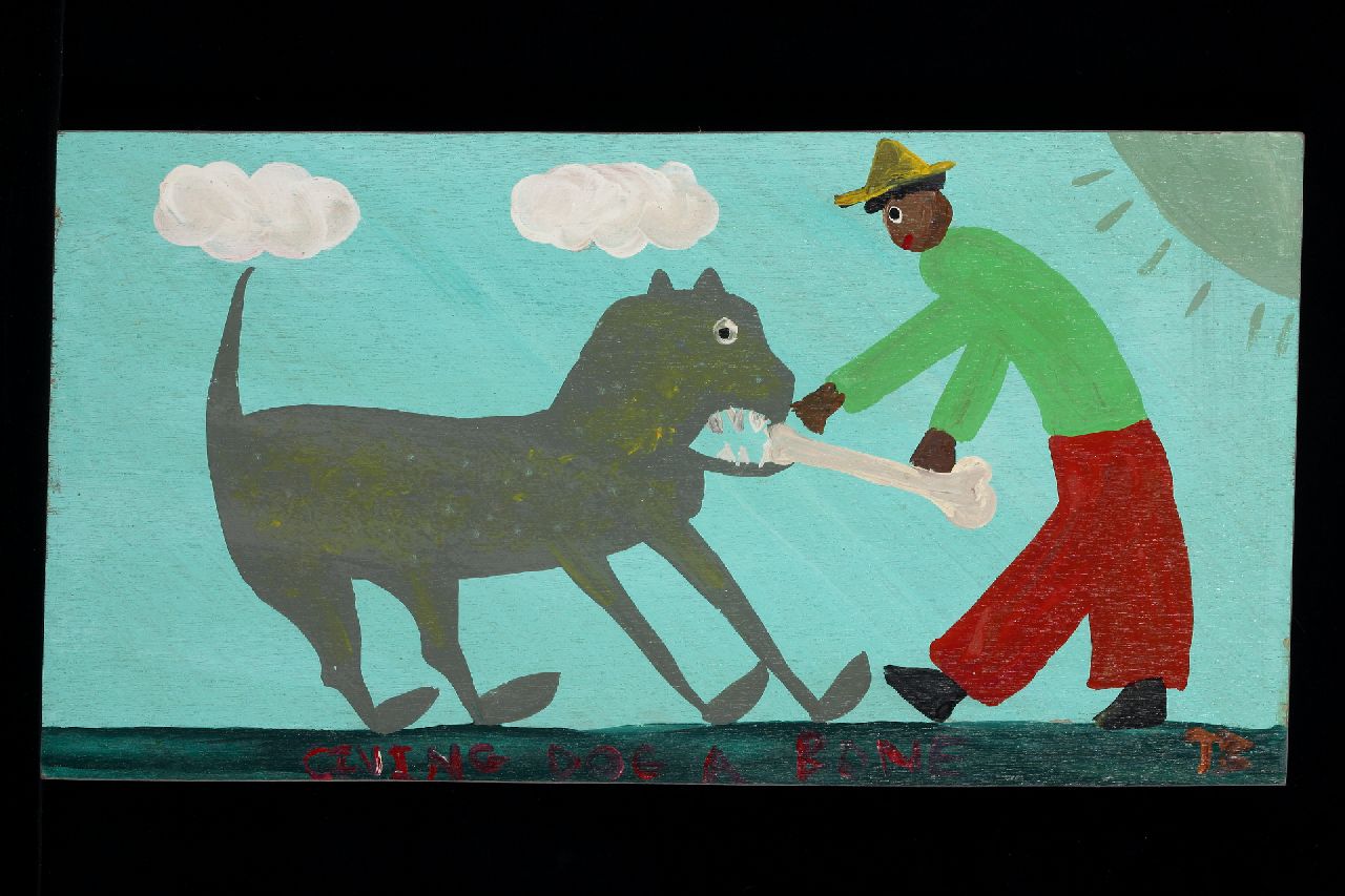 Brown T.  | Timothy 'Tim' Brown, Giving dog a bone, Acryl auf Holz 30,7 x 58,1 cm, Unterzeichnet u.r. mit Initialen
