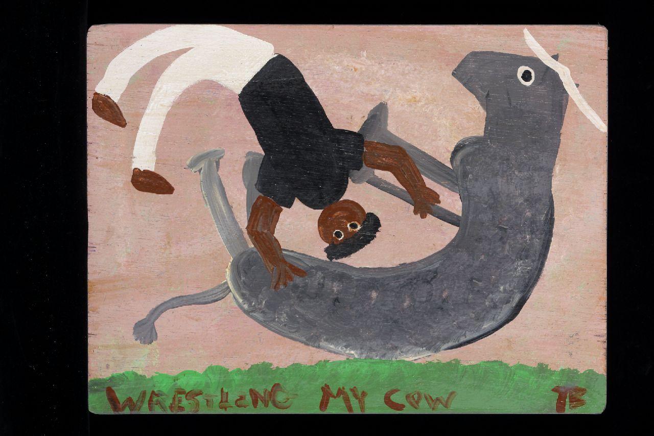 Brown T.  | Timothy 'Tim' Brown, Wrestling my cow, Acryl auf Holz 30,4 x 40,3 cm, Unterzeichnet u.r. mit Initialen