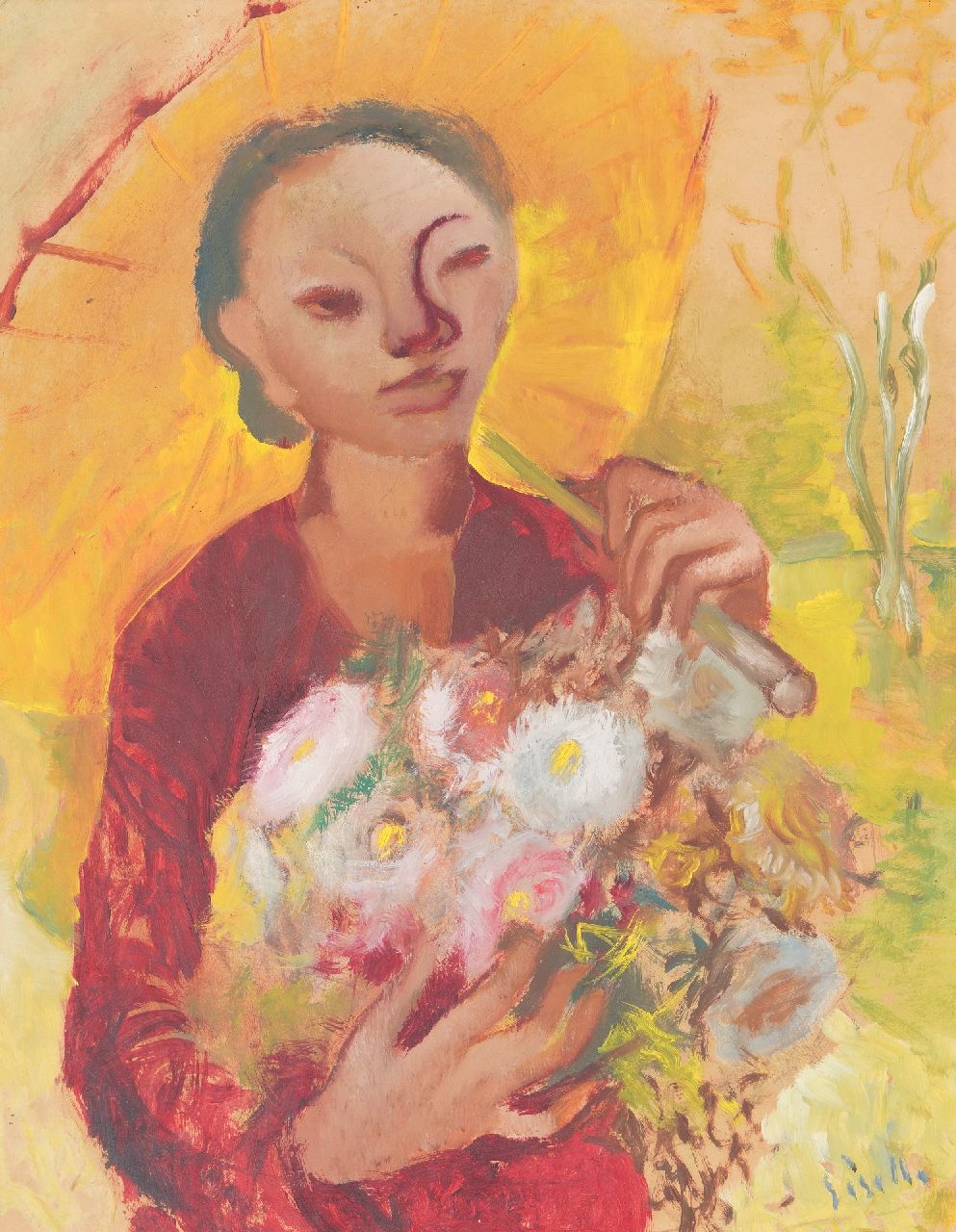 Kuster G.  | Giselle Kuster |  zum Verkauf angeboten | Indonesische Frau mit Blumen und Schirm, 63,5 x 49,6 cm, Unterzeichnet u.r. und zu datieren um 1948-1949