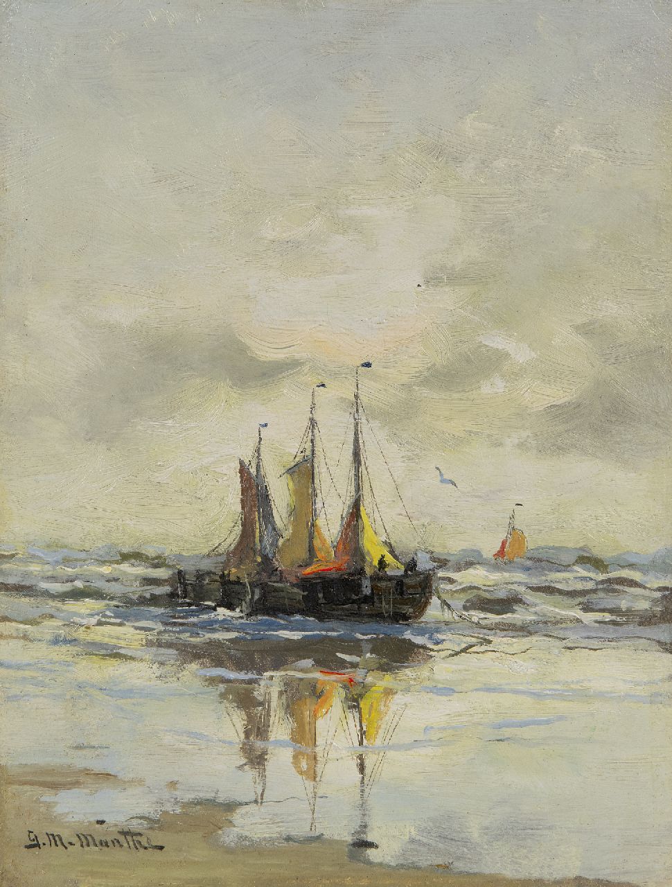 Munthe G.A.L.  | Gerhard Arij Ludwig 'Morgenstjerne' Munthe | Gemälde zum Verkauf angeboten | Drei Fischereischiffe im Surf, Öl auf Holz 24,5 x 18,7 cm, Unterzeichnet u.l.