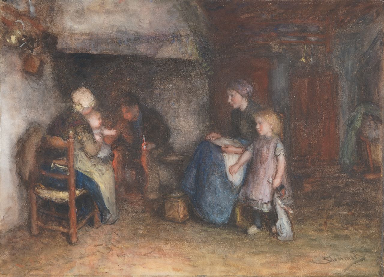Blommers B.J.  | Bernardus Johannes 'Bernard' Blommers | Aquarelle und Zeichnungen zum Verkauf angeboten | Fischerfamilie am Kamin, Aquarell auf Papier 51,7 x 71,0 cm, Unterzeichnet u.r.