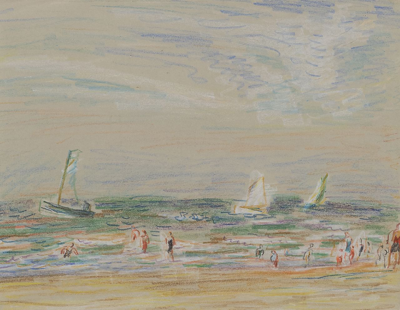 Gestel L.  | Leendert 'Leo' Gestel | Aquarelle und Zeichnungen zum Verkauf angeboten | Der Strand bei Zandvoort, Pastell auf Papier 23,7 x 30,0 cm