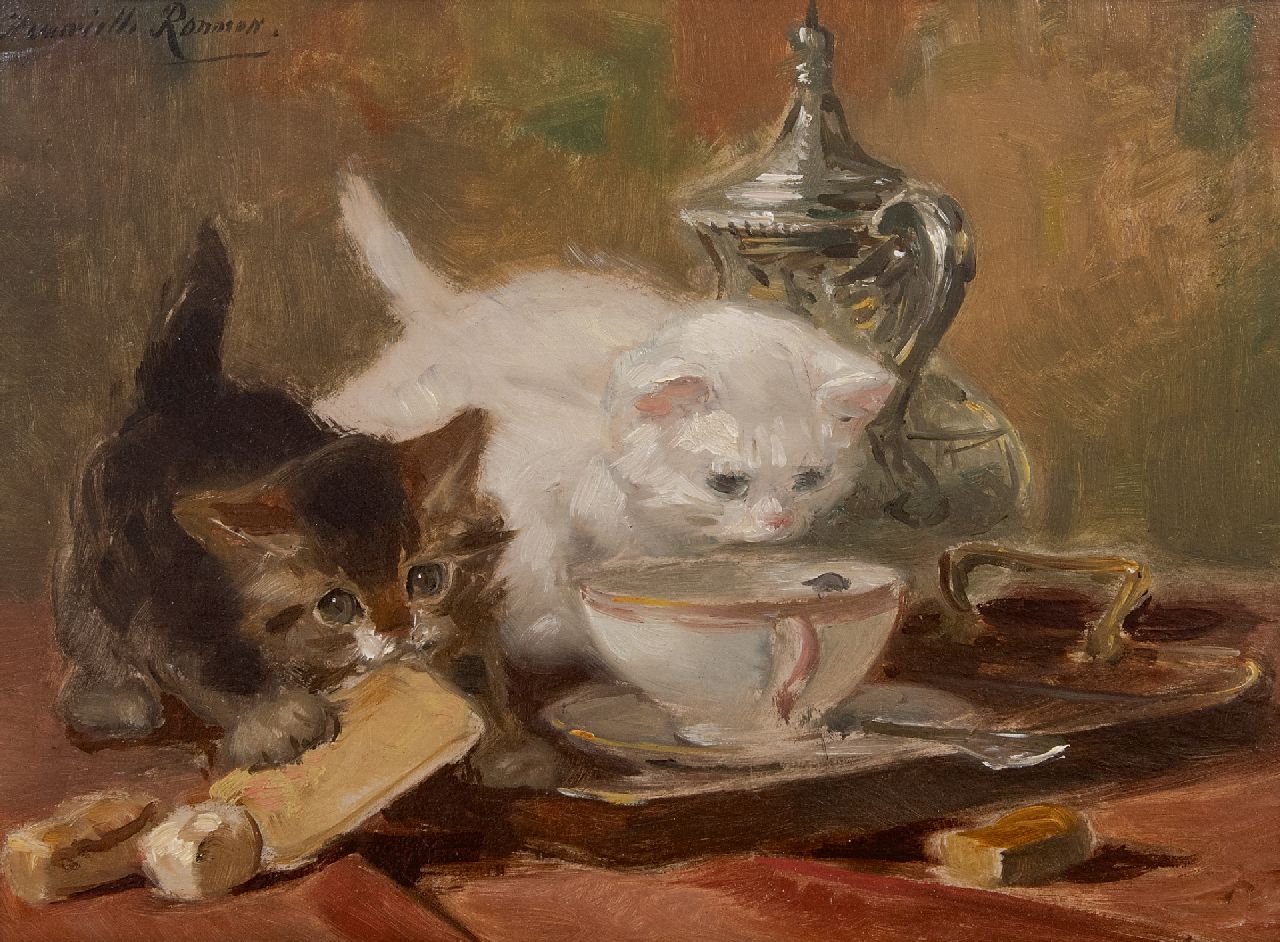 Ronner-Knip H. | Henriette Ronner-Knip | Gemälde zum Verkauf angeboten | Spielende Kätzchen auf einem Teetisch, Öl auf Papier auf Holz 23,8 x 32,1 cm, Unterzeichnet o.l. Ronner-Knip H. | Henriette Ronner-Knip | Gemälde zum Verkauf angeboten | Spielende Kätzchen auf einem Teetisch, Öl auf Papier auf Holz 23,8 x 32,1 cm, Unterzeichnet o.l.