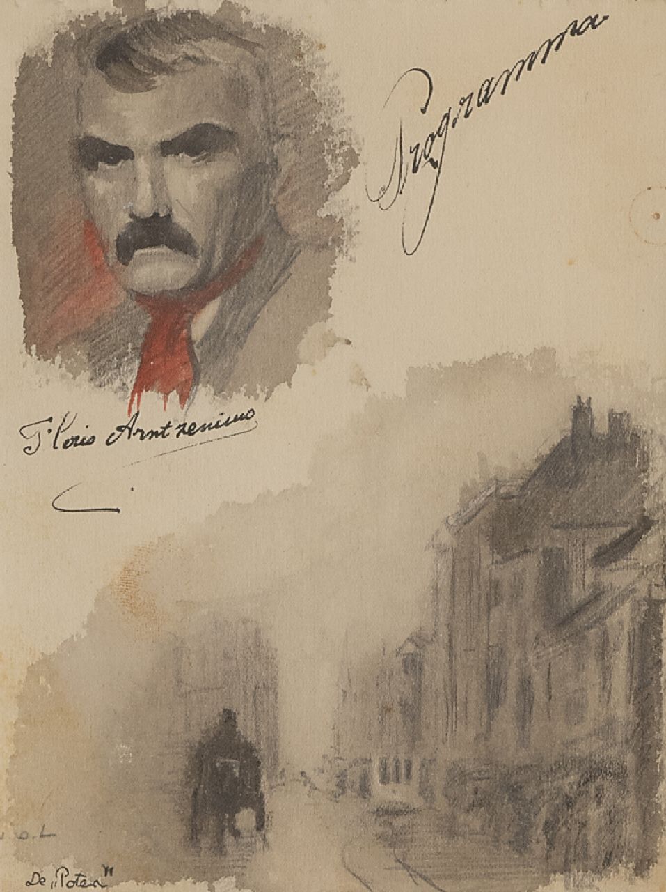 Arntzenius P.F.N.J.  | Pieter Florentius Nicolaas Jacobus 'Floris' Arntzenius, Blatt mit Selbstporträt und Skizze der Strasse Lange Poten in Den Haag, Bleistift, Tinte und Aquarell auf Papier 15,7 x 12,4 cm, Unterzeichnet M.l.