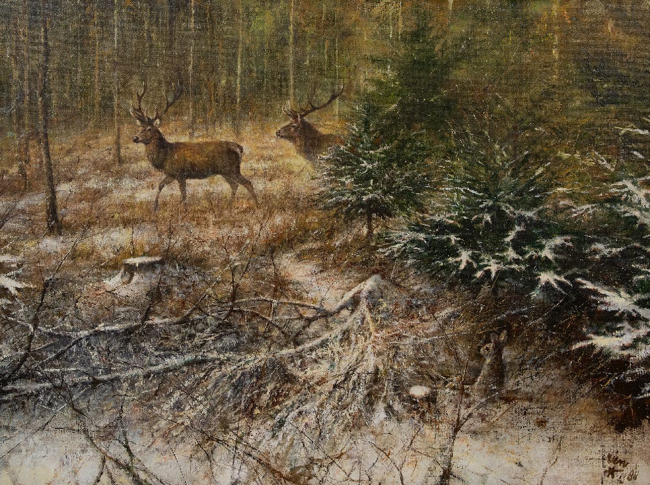 Poortvliet R. | Rien Poortvliet, Hirsche in verschneiter Waldlandschaft, Öl auf Leinwand 60,5 x 80,4 cm, Unterzeichnet u.r. und auf Keilrahmen und datiert 1988 Poortvliet R. | Rien Poortvliet, Hirsche in verschneiter Waldlandschaft, Öl auf Leinwand 60,5 x 80,4 cm, Unterzeichnet u.r. und auf Keilrahmen und datiert 1988