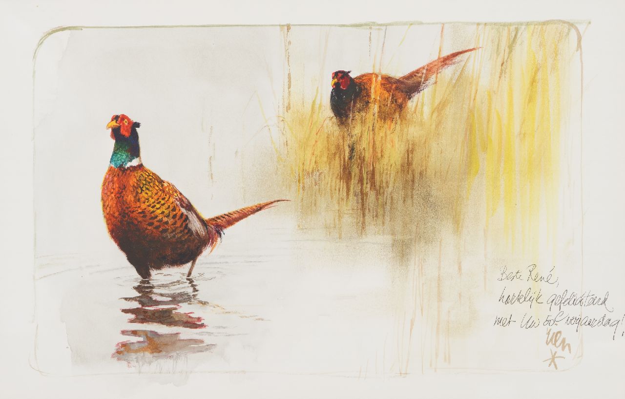 Poortvliet R. | Rien Poortvliet, Fasane in der Nähe das Röhricht, Kreide und Aquarell auf Papier 36,4 x 50,9 cm, Unterzeichnet u.r. Poortvliet R. | Rien Poortvliet, Fasane in der Nähe das Röhricht, Kreide und Aquarell auf Papier 36,4 x 50,9 cm, Unterzeichnet u.r.