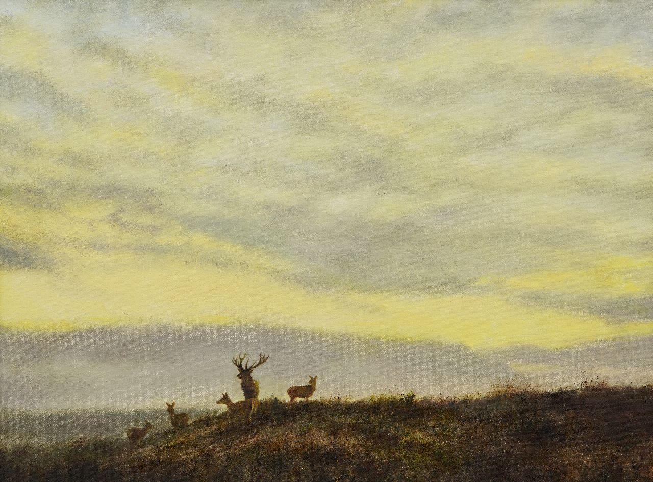 Poortvliet R.  | Rien Poortvliet, Hirsche in einer Heidelandschaft, Öl auf Leinwand 60,0 x 80,0 cm, Unterzeichnet u.r.