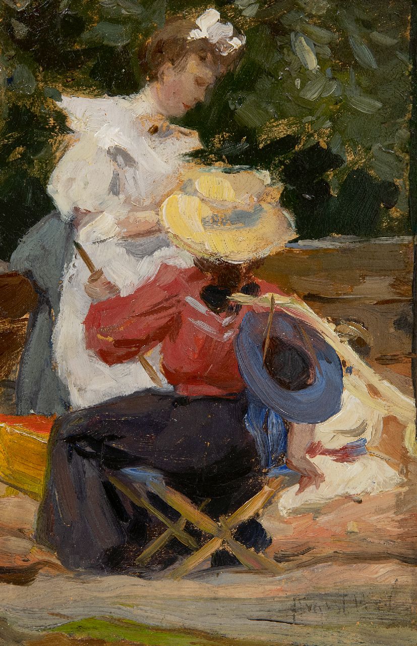 Voorden A.W. van | August Willem van Voorden | Gemälde zum Verkauf angeboten | Ein Nachmittag im Garten, Öl auf Papier auf Holz 20,3 x 13,5 cm, Unterzeichnet u.r.