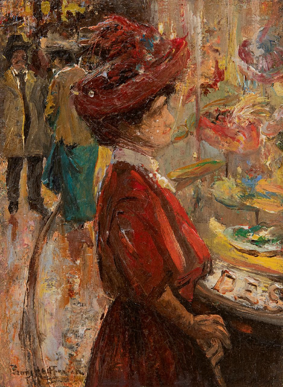 Helfferich F.W.  | Franciscus Willem 'Frans' Helfferich | Gemälde zum Verkauf angeboten | Elegante Dame für Haager Hüttenladen, Öl auf Holz 16,0 x 11,8 cm, Unterzeichnet u.l.