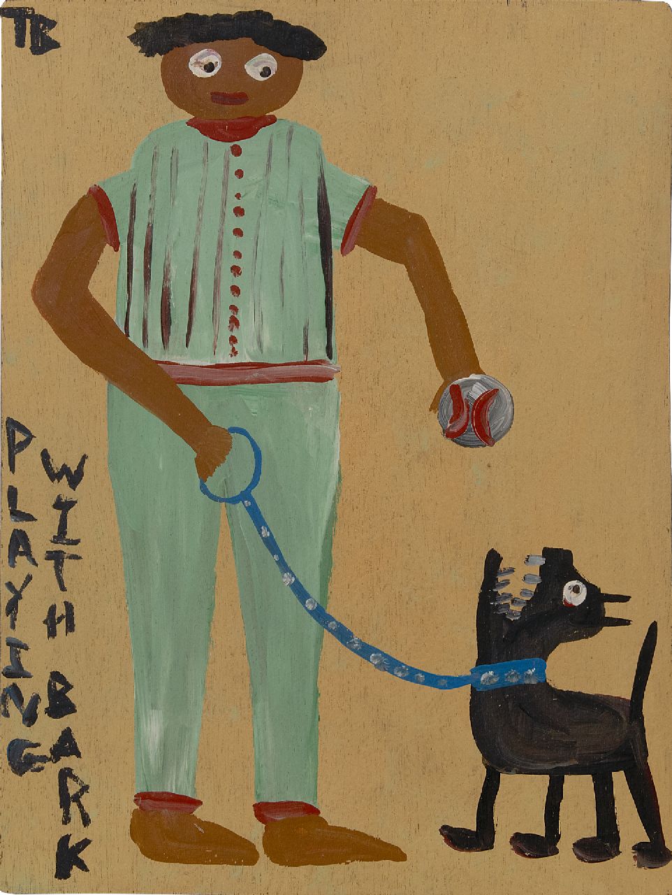 Brown T.  | Timothy 'Tim' Brown | Gemälde zum Verkauf angeboten | Playing with Bark, Acryl auf Holz 46,0 x 34,5 cm, Unterzeichnet o.l. und datiert 1988