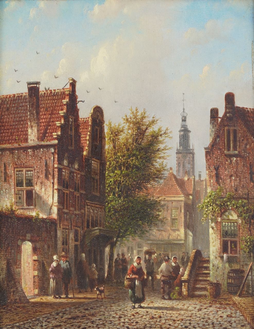 Spohler J.F.  | Johannes Franciscus Spohler | Gemälde zum Verkauf angeboten | Sommerliche Stadtansicht mit dem Turm der Bakenesserkert von Haarlem, Öl auf Holz 20,9 x 15,8 cm, Unterzeichnet u.l.