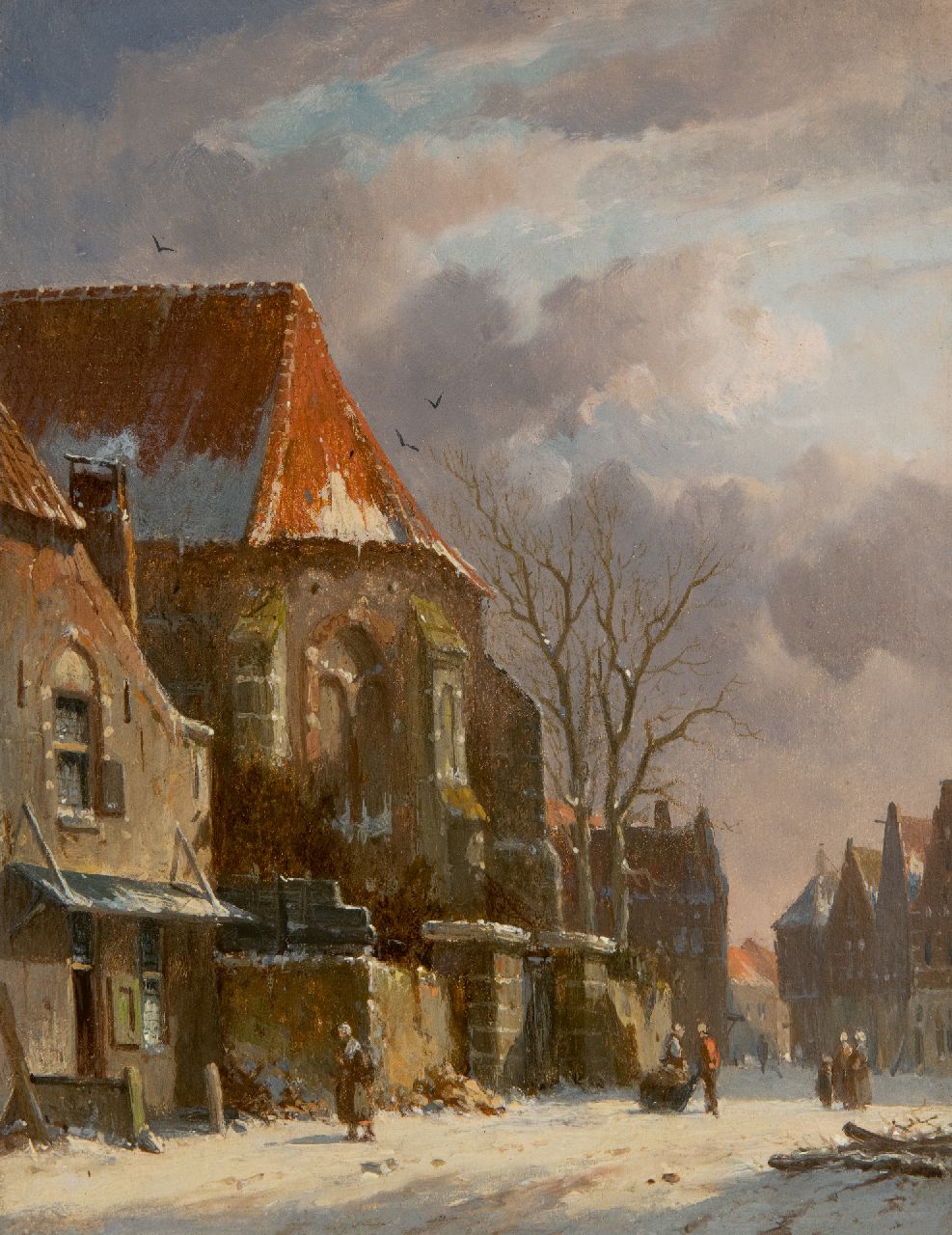 Eversen A.  | Adrianus Eversen | Gemälde zum Verkauf angeboten | Figuren an einem Kirchtor im Winter, Öl auf Holz 19,3 x 14,9 cm, Unterzeichnet u.r. mit Monogramm