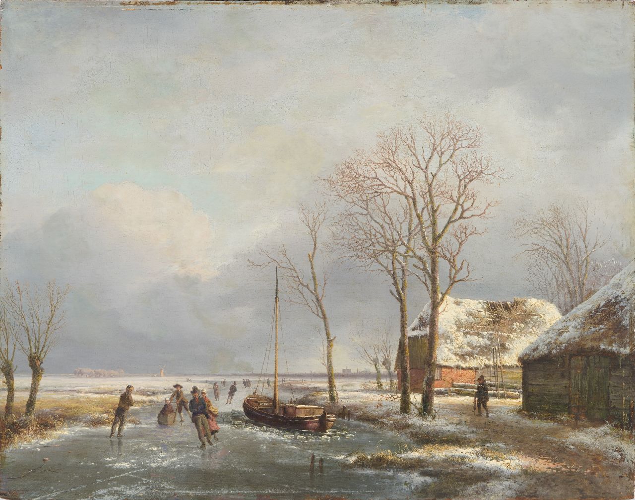 Schelfhout A.  | Andreas Schelfhout | Gemälde zum Verkauf angeboten | Panoramische Winterlandschaft mit Schlittschuhläufern, die St. Bavokerk von Haarlem in der Ferne, Öl auf Holz 39,1 x 49,8 cm, zu datieren um 1825