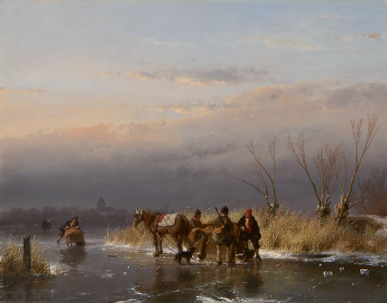 Schelfhout A.  | Andreas Schelfhout | Gemälde zum Verkauf angeboten | Winterlandschaft mit Jäger und Hund bei einem Pferdeschlitten, Öl auf Holz 34,5 x 43,9 cm, Unterzeichnet u.l. und datiert 1850
