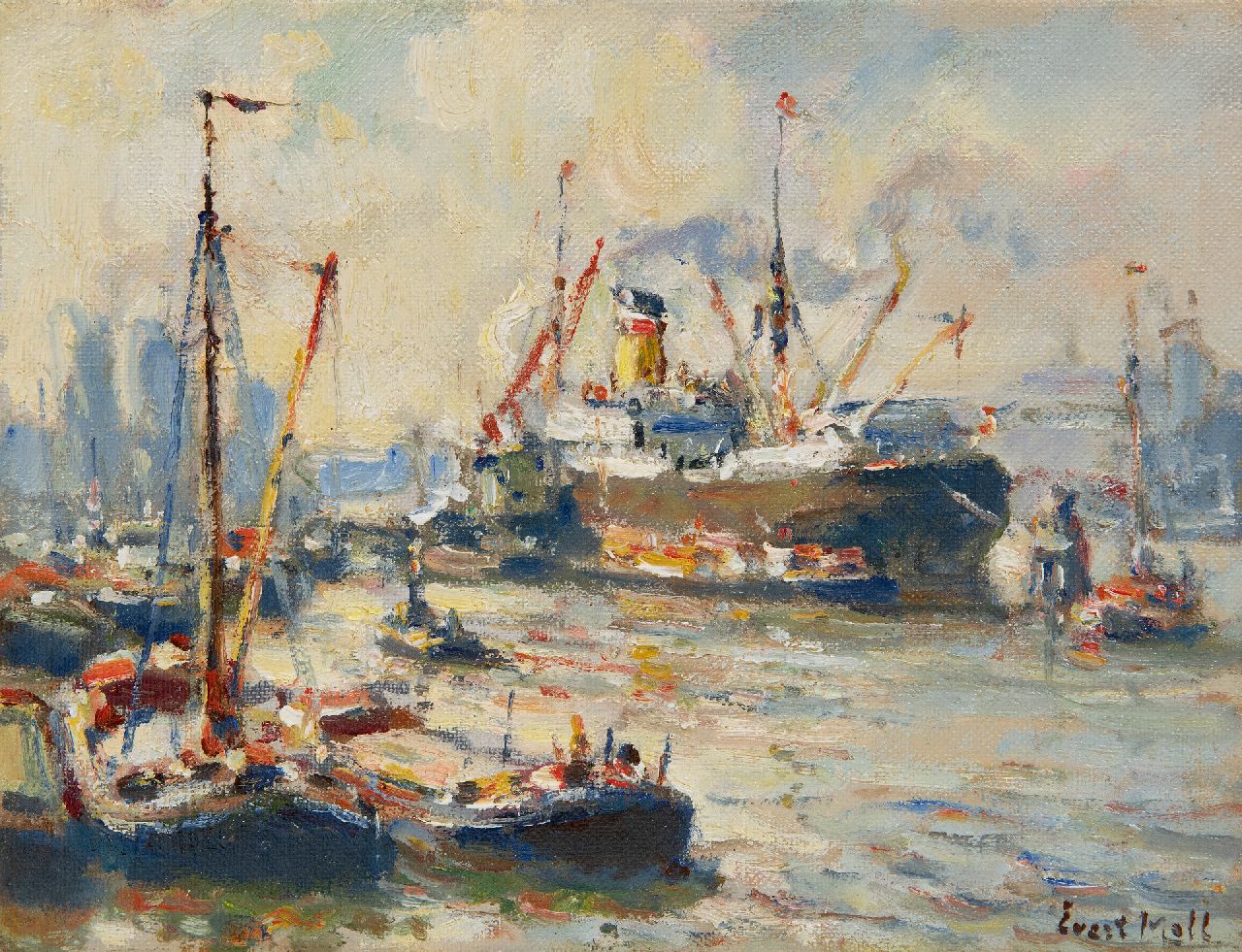 Moll E.  | Evert Moll | Gemälde zum Verkauf angeboten | Hafenansicht mit Dampfschiff und Schleppern, Öl auf Leinwand 19,4 x 25,2 cm, Unterzeichnet u.r.