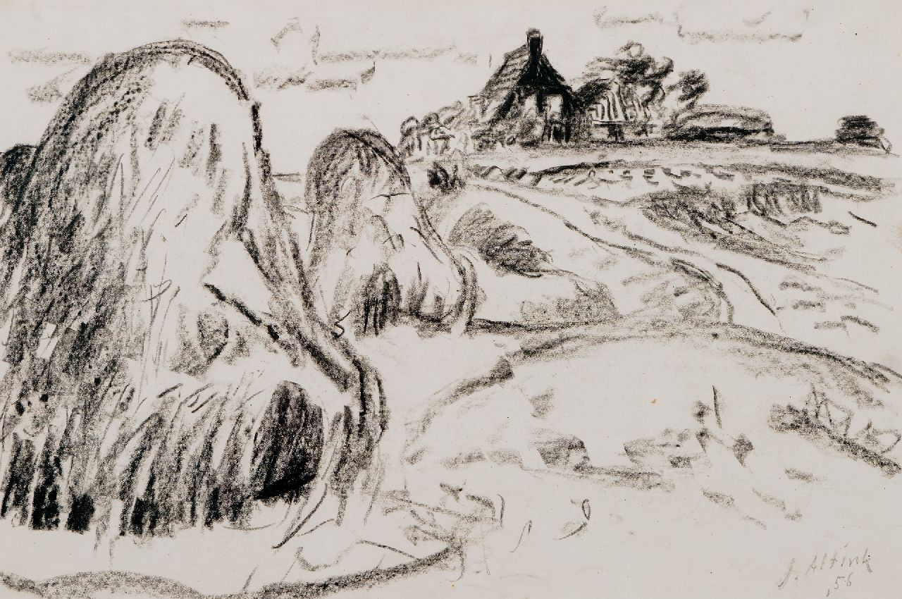 Altink J. | Jan Altink, Bauernhof mit Heuschupfen, Schwarze Kreide auf Papier 31,9 x 48,4 cm, Unterzeichnet u.r. und datiert '56 Altink J. | Jan Altink, Bauernhof mit Heuschupfen, Schwarze Kreide auf Papier 31,9 x 48,4 cm, Unterzeichnet u.r. und datiert '56