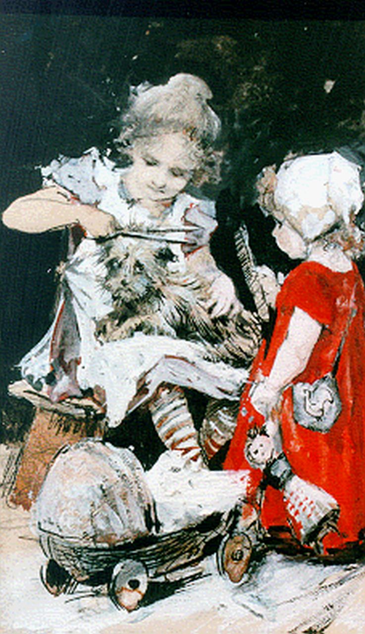 Onbekend   | Onbekend, Bij de hondenkapper, Aquarell und Gouache auf Papier 17,2 x 11,0 cm, te dateren ca. 1900