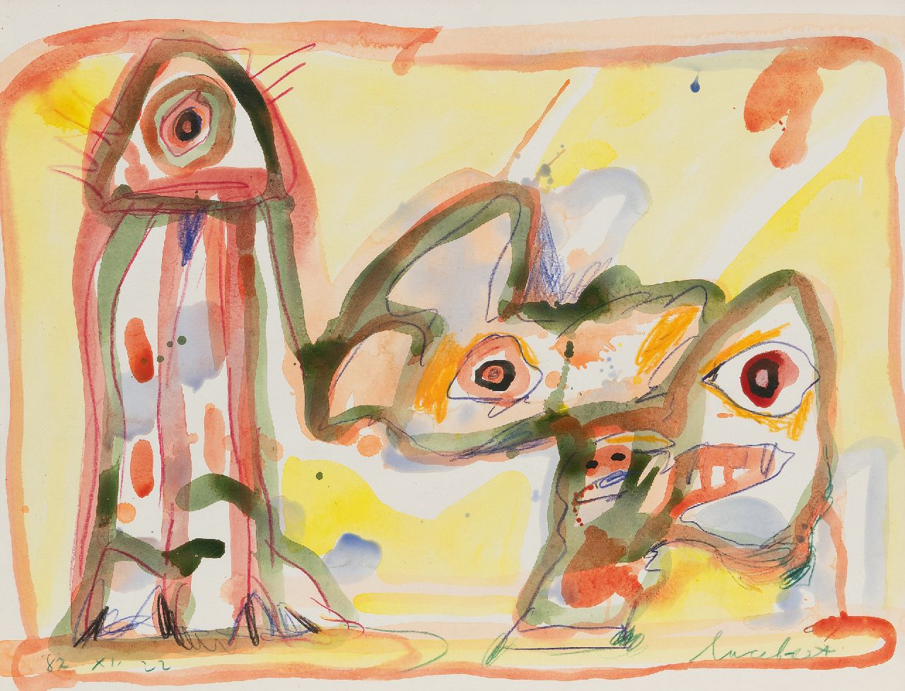 Lucebert (Lubertus Jacobus Swaanswijk)   | Lucebert (Lubertus Jacobus Swaanswijk) | Aquarelle und Zeichnungen zum Verkauf angeboten | Ohne Titel, Kreide und Aquarell auf Papier 65,4 x 49,8 cm, Unterzeichnet u.r. und datiert '82.XI.22