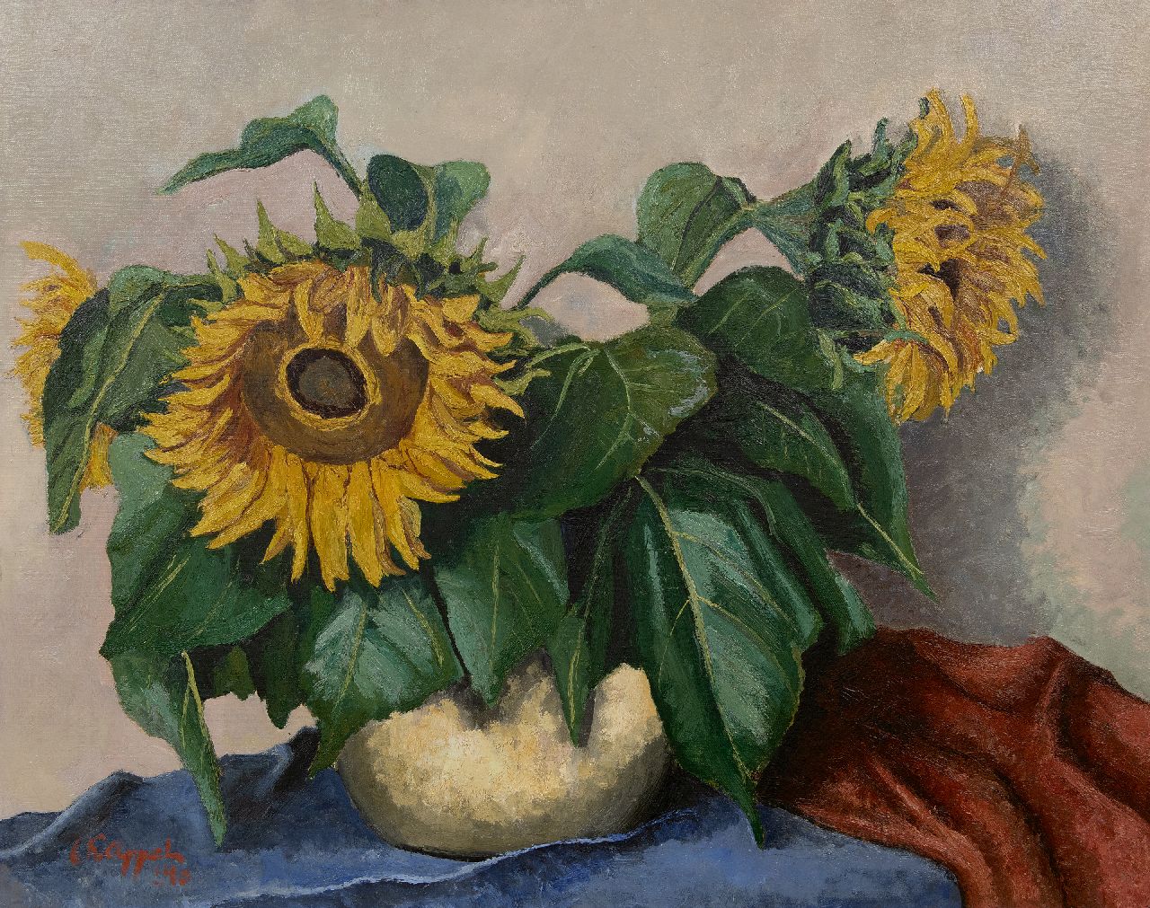 Appel C.K.  | Christiaan 'Karel' Appel |  zum Verkauf angeboten | Stillleben mit Sonnenblumen, oil on paper on canvas laid down on panel 71,0 x 90,0 cm, Unterzeichnet u.l. und datiert '40 VERKAUFT
