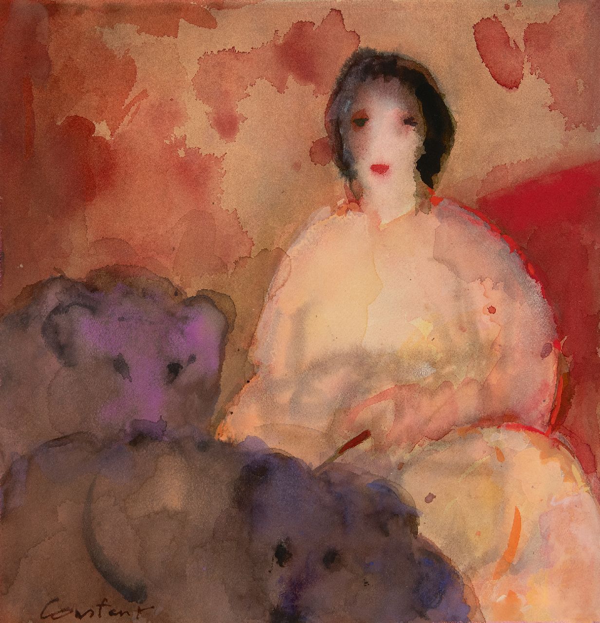 Constant (Constant Anton Nieuwenhuijs)   | Constant (Constant Anton Nieuwenhuijs) | Aquarelle und Zeichnungen zum Verkauf angeboten | Der Bärenmeisterin, Aquarell auf Papier 46,0 x 44,7 cm, Unterzeichnet u.l. und zu datieren 1986