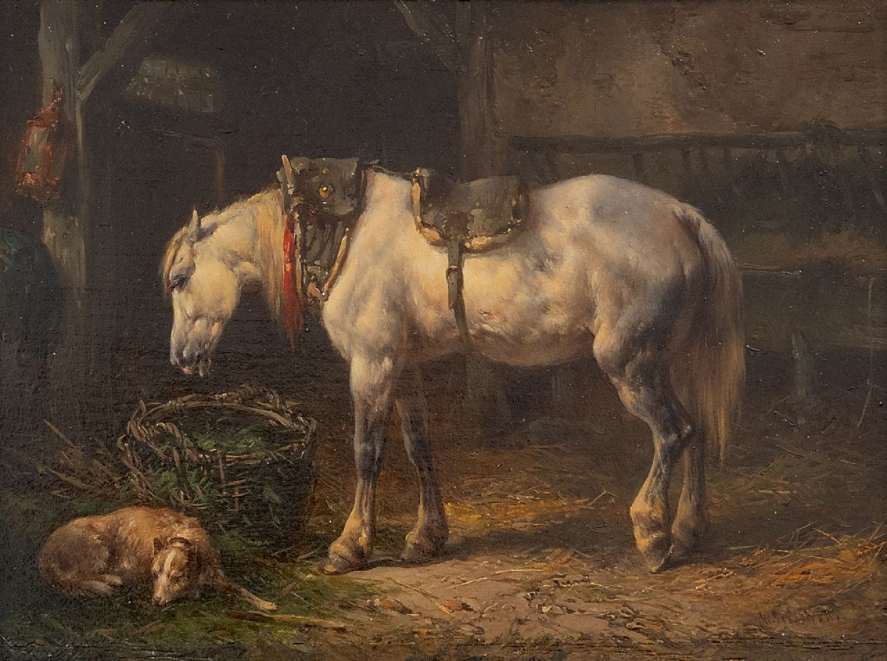 Verschuur W.  | Wouterus Verschuur | Gemälde zum Verkauf angeboten | Stalinterieur mit Pferd und Hund, Öl auf Holz 12,6 x 17,4 cm, Unterzeichnet u.r.