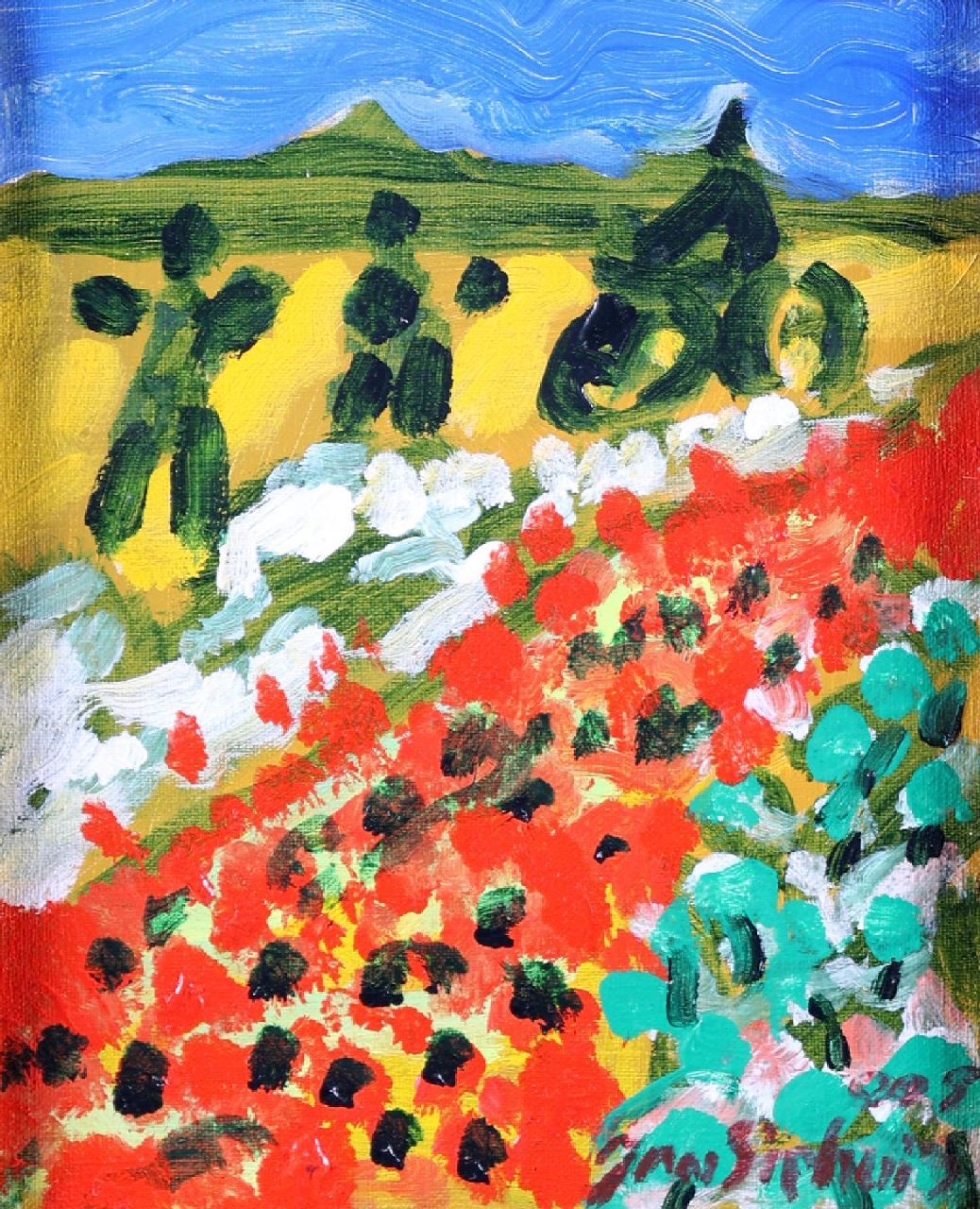 Sierhuis J.A.  | 'Jan' Alphonsus Sierhuis | Gemälde zum Verkauf angeboten | Spanische Landschaft - Mohnblumen, Acryl auf Leinwand 30,0 x 23,9 cm, Unterzeichnet u.r. und datiert auf dem Keilrahmen 2005