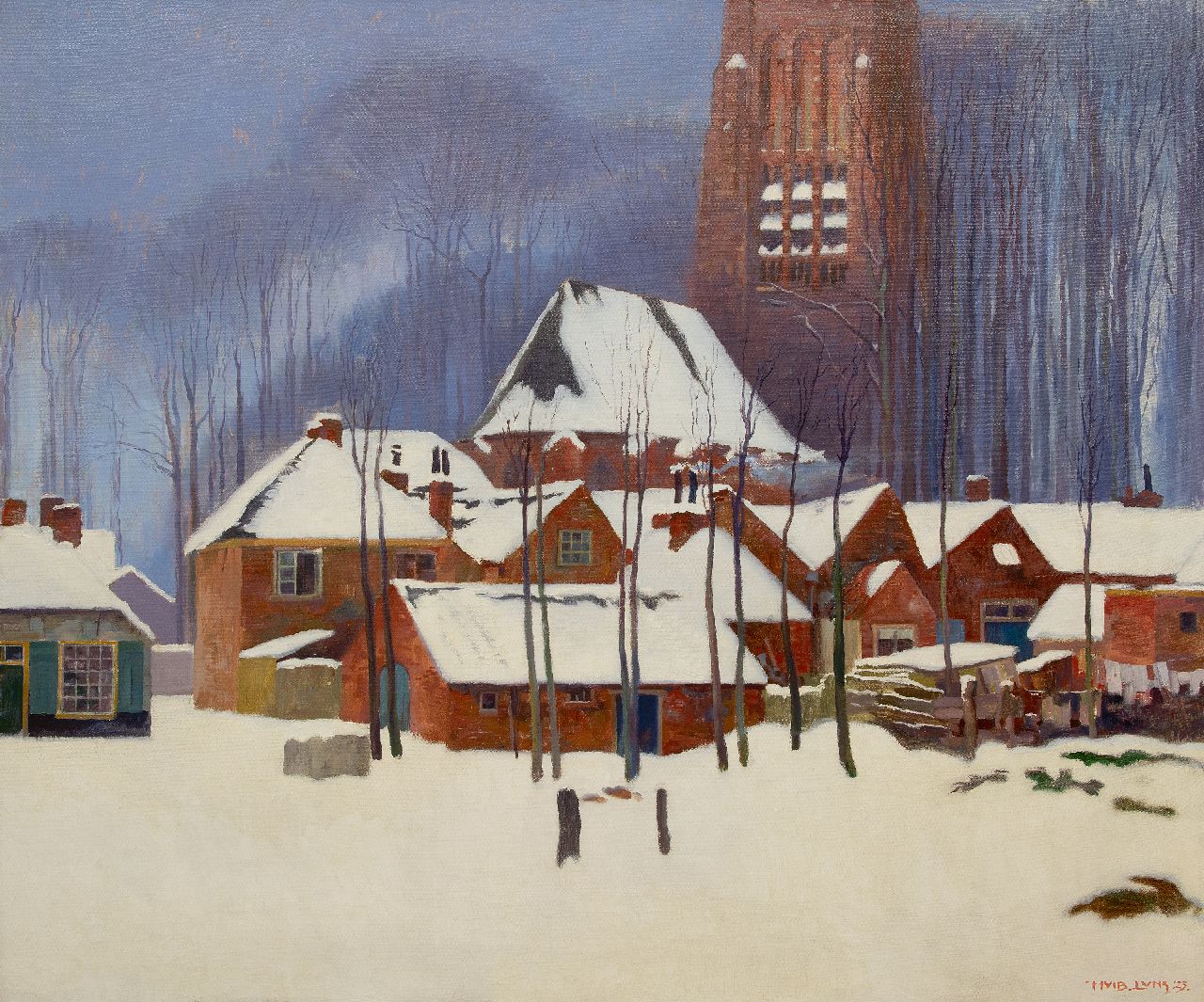 Luns H.M.  | Hubert Marie 'Huib' Luns | Gemälde zum Verkauf angeboten | Winteransicht von Vught mit der Sint Lambertuskerk im Schnee, Öl auf Leinwand 120,5 x 142,2 cm, Unterzeichnet u.r. und datiert '23