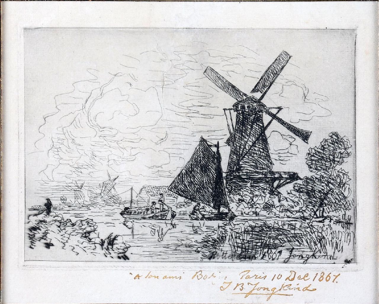 Jongkind J.B.  | Johan Barthold Jongkind | Grafik zum Verkauf angeboten | Fluss bei Rotterdam mit Schiffen und einer Mühle, Radierung auf Papier 22,0 x 18,5 cm, Unterzeichnet u.r. in der Platte und handsigniert und datiert 'Rotterdam' 1861 in de plaat