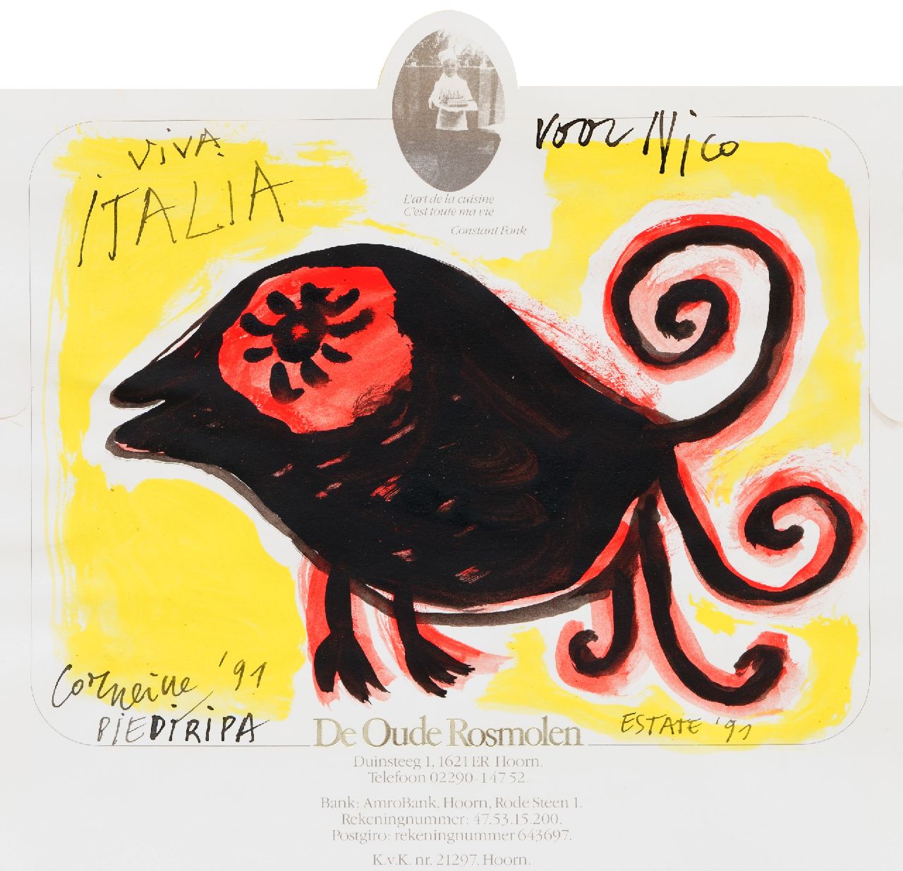 Corneille ('Corneille' Guillaume Beverloo)   | Corneille ('Corneille' Guillaume Beverloo) |  zum Verkauf angeboten | Viva Italia (für Nico Koster), watercolour and ink on paper 19,9 x 21,1 cm, Unterzeichnet u.l. und datiert '91