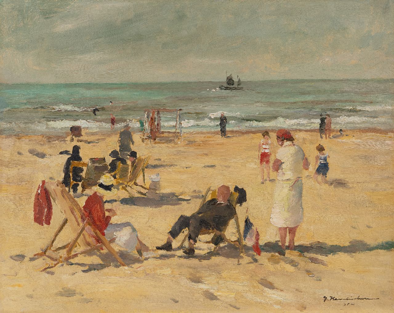 Hambüchen G.  | Georg Hambüchen, Strandszene in Katwijk, Öl auf Leinwand 39,7 x 49,5 cm, Unterzeichnet u.r. und datiert '31