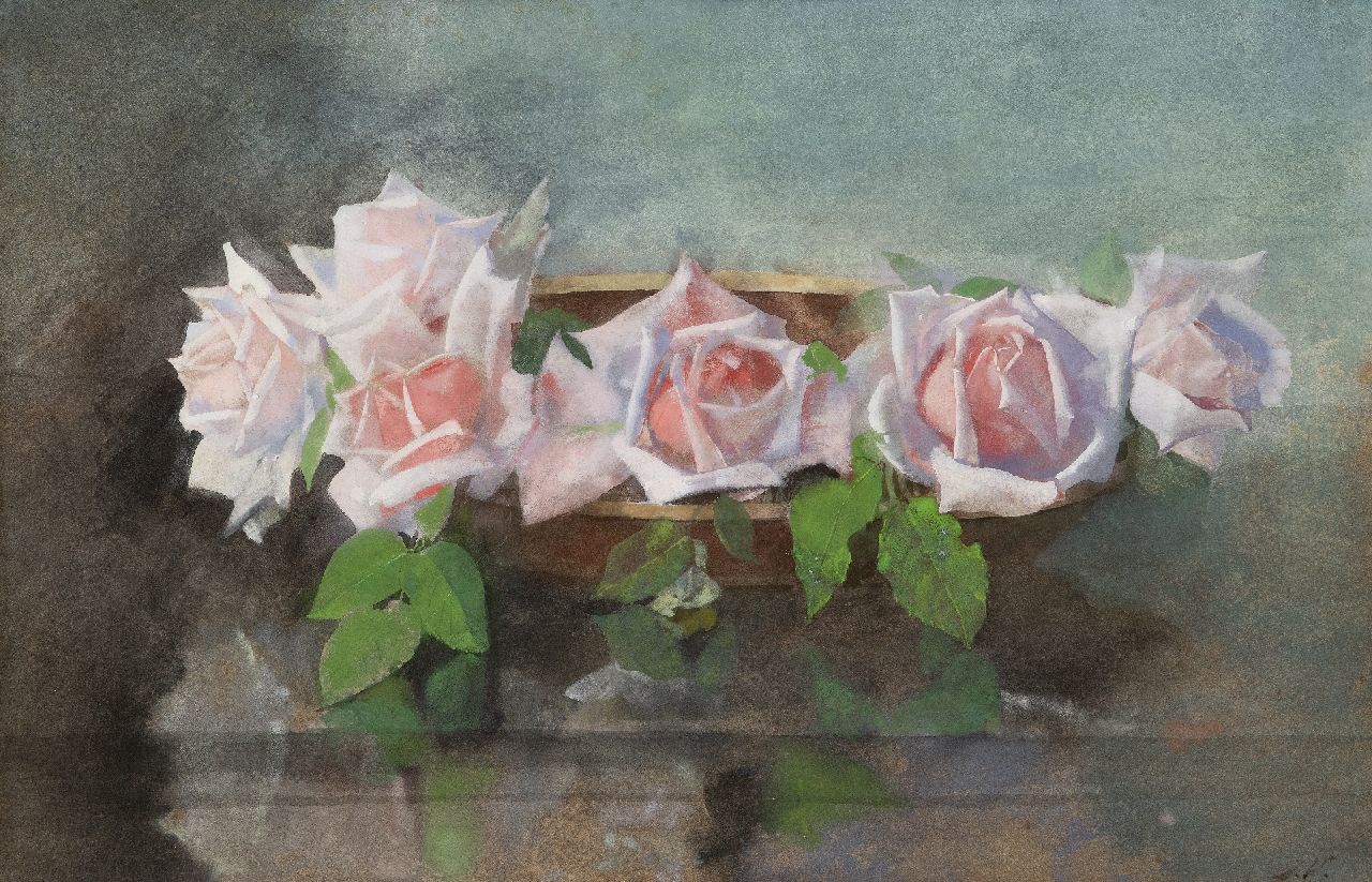 Voerman sr. J.  | Jan Voerman sr. | Aquarelle und Zeichnungen zum Verkauf angeboten | Schale mit 'La-France' Rosen, Aquarell auf Papier 33,2 x 50,0 cm, Unterzeichnet u.r. mit Initialen