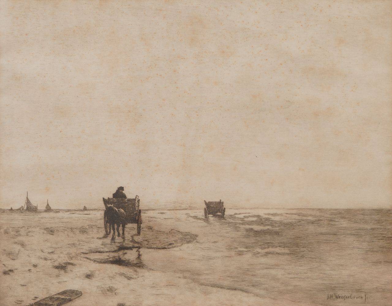 Weissenbruch H.J. | Hendrik Johannes 'J.H.' Weissenbruch, Strand mit Pferd und Wagen und Schiffen, Radierung auf Papier 35,0 x 44,0 cm, Unterzeichnet x Weissenbruch H.J. | Hendrik Johannes 'J.H.' Weissenbruch, Strand mit Pferd und Wagen und Schiffen, Radierung auf Papier 35,0 x 44,0 cm, Unterzeichnet x