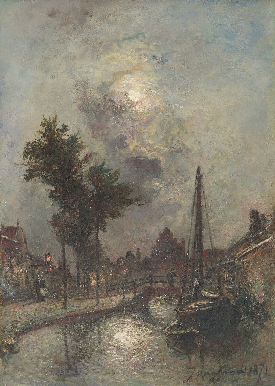 Jongkind J.B.  | Johan Barthold Jongkind | Gemälde zum Verkauf angeboten | Brücke im Mondlicht, Dordrecht, Öl auf Leinwand 46,2 x 33,6 cm, Unterzeichnet u.r. und datiert 1871