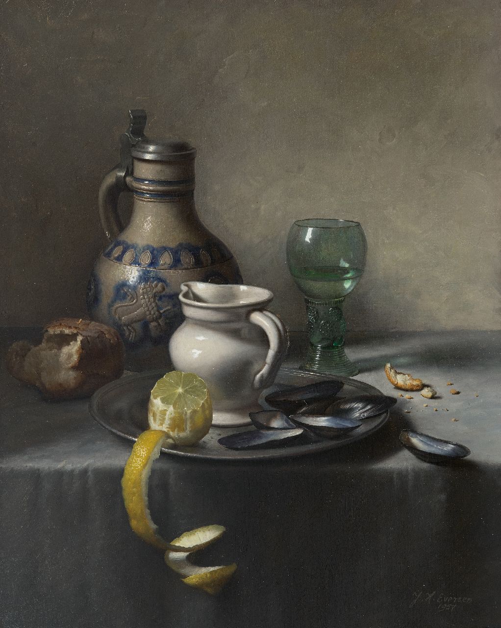 Eversen J.H.  | Johannes Hendrik 'Jan' Eversen | Gemälde zum Verkauf angeboten | Stillleben mit Rummer, Zitrone und Muscheln, Öl auf Leinwand 50,8 x 40,9 cm, Unterzeichnet u.r. und datiert 1957