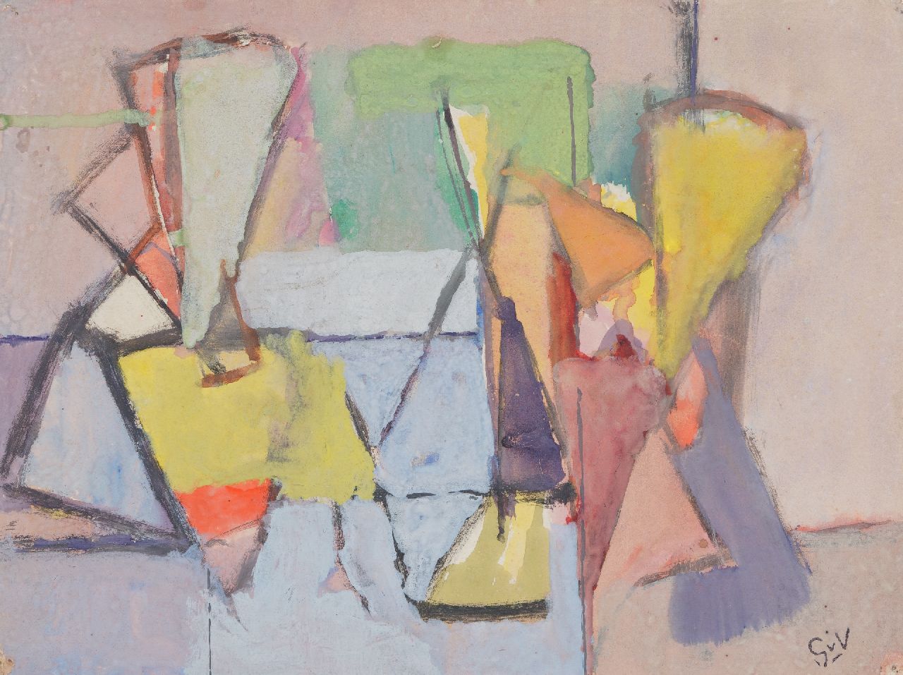 Velde G. van | Gerardus 'Geer' van Velde | Aquarelle und Zeichnungen zum Verkauf angeboten | Komposition (Interieur mit Figuren), Aquarell und Gouache auf Papier 23,9 x 31,7 cm, Unterzeichnet u.r. und zu datieren 1944