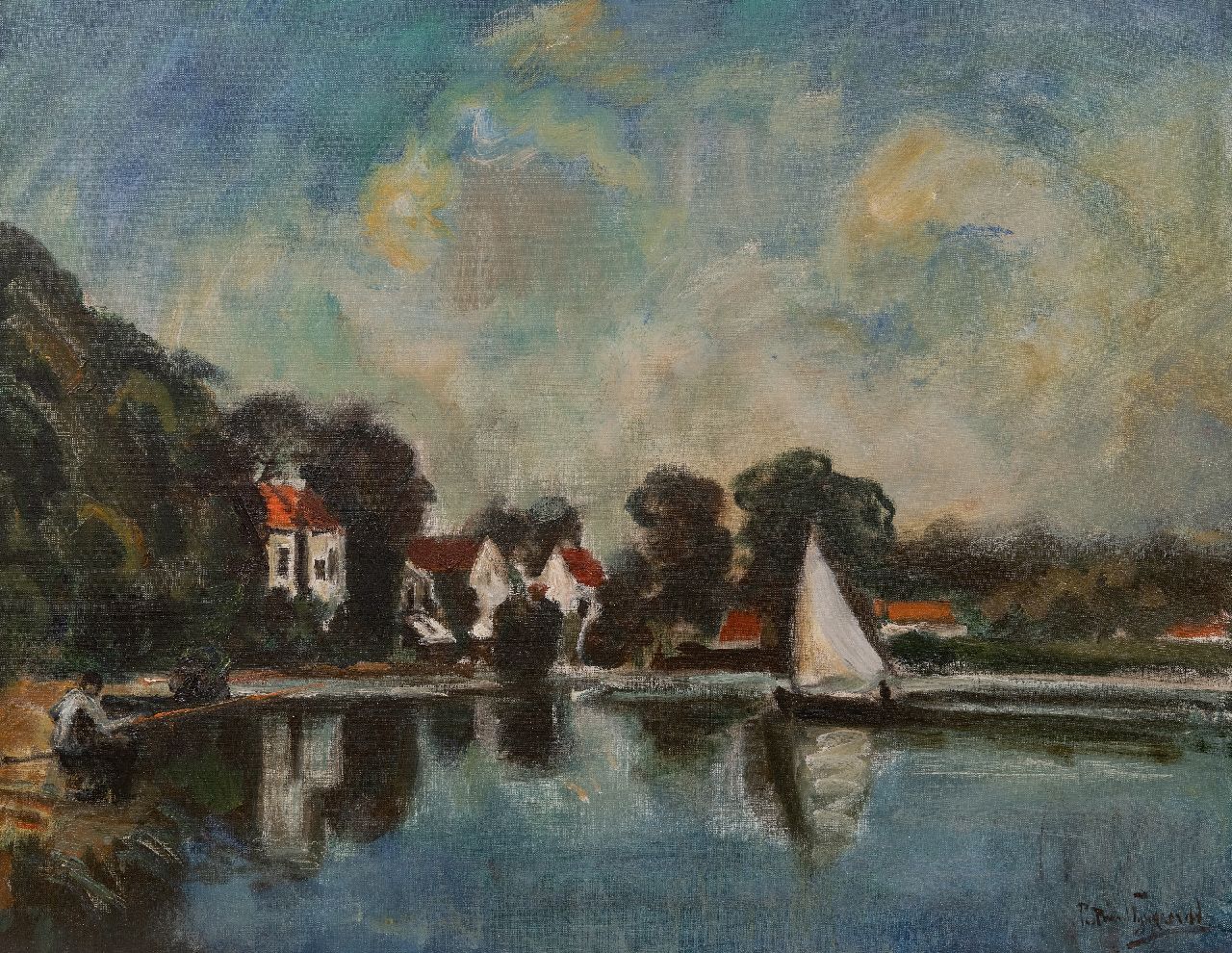 Wijngaerdt P.T. van | Petrus Theodorus 'Piet' van Wijngaerdt | Gemälde zum Verkauf angeboten | Segelboot auf dem Zuider Buiten Spaarne bei Haarlem, Öl auf Leinwand 70,5 x 90,2 cm, Unterzeichnet u.r. und ohne Rahmen