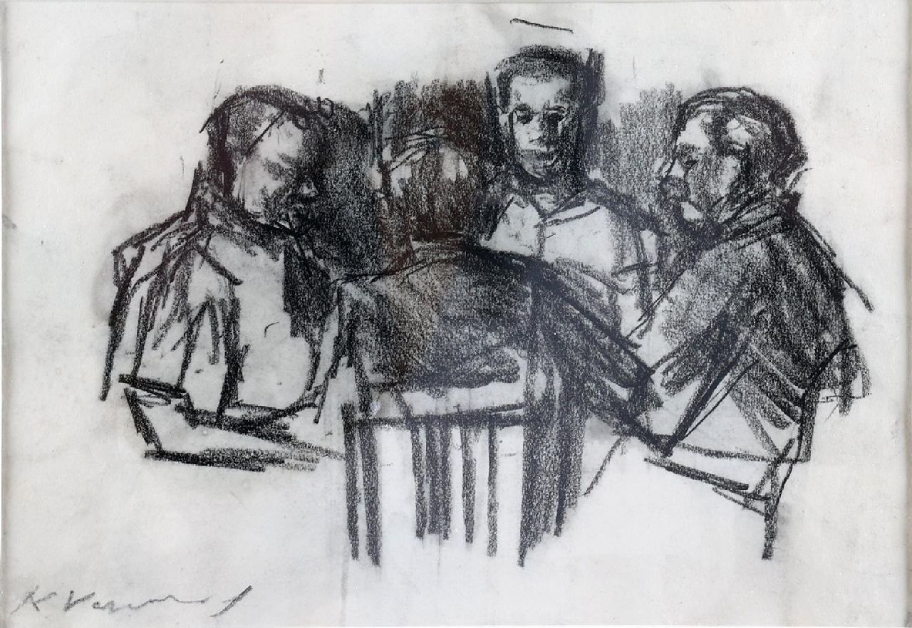 Verwey K.  | Kees Verwey | Aquarelle und Zeichnungen zum Verkauf angeboten | Karten spielende Männer, Schwarze Kreide auf Papier 16,8 x 24,2 cm, Unterzeichnet u.l.