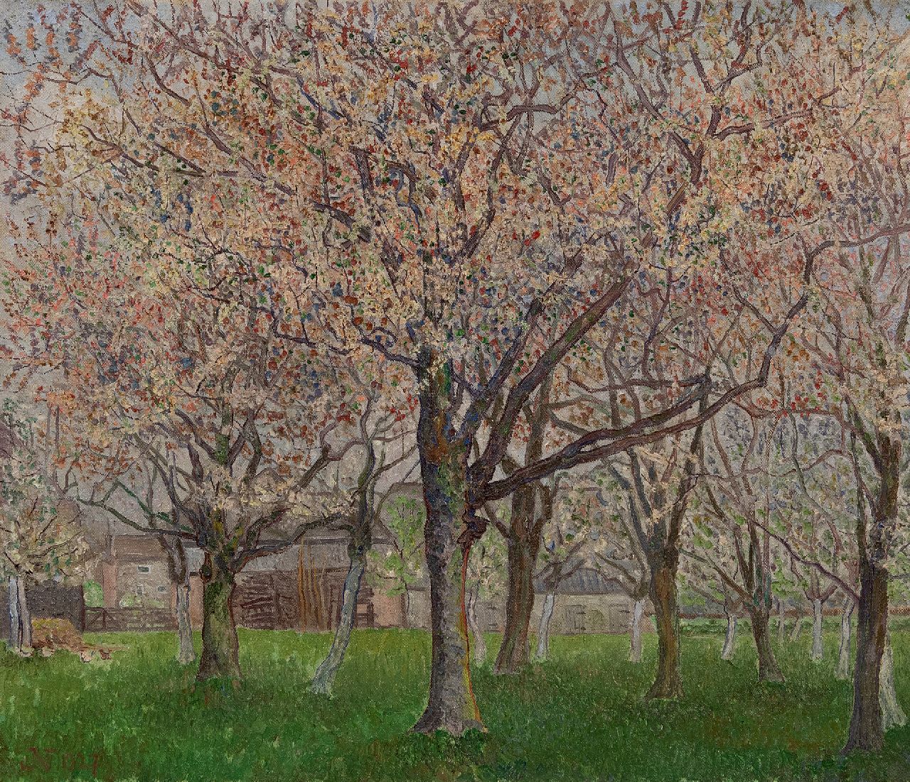Nieweg J.  | Jakob Nieweg | Gemälde zum Verkauf angeboten | Blühender Obstgarten, Öl auf Leinwand 55,8 x 65,1 cm, Unterzeichnet u.l. mit Monogramm und datiert 1927