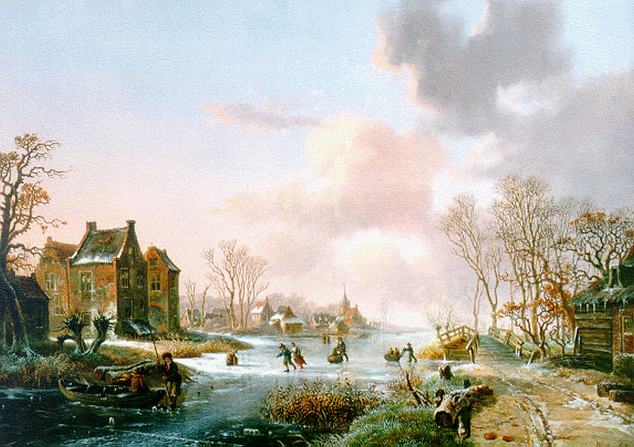 Klerk W. de | Willem de Klerk, Skaters on a frozen waterway, Öl auf Holz 47,2 x 67,0 cm, signed l.r.