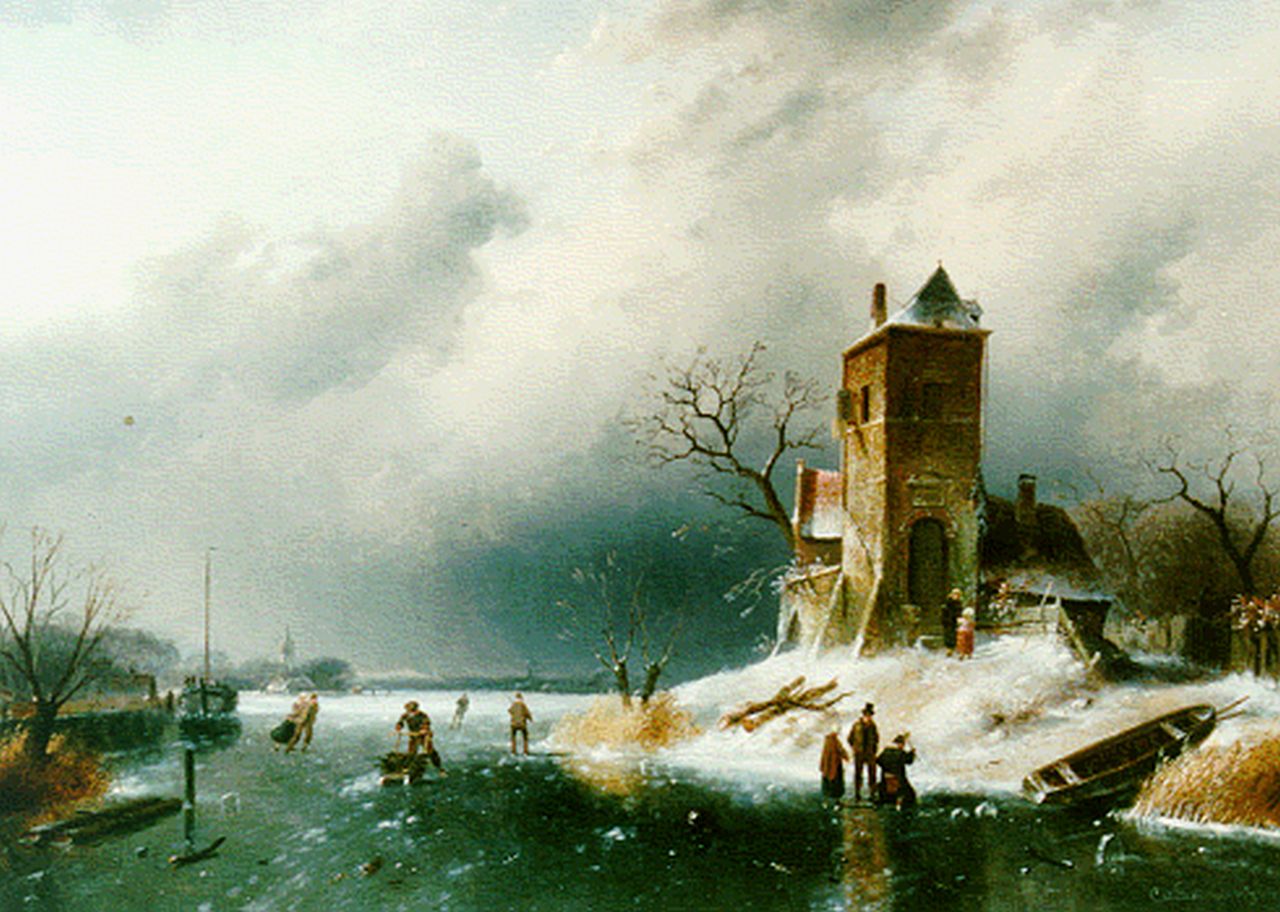 Leickert C.H.J.  | 'Charles' Henri Joseph Leickert, A winter landscape with skaters on the ice, Öl auf Leinwand 62,2 x 86,0 cm, signed l.r. und dated '66