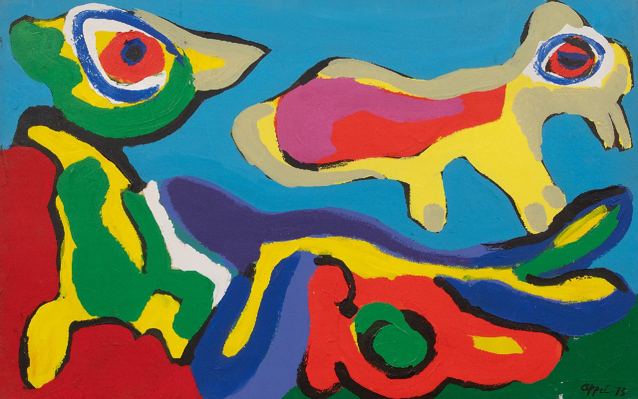 Appel C.K.  | Christiaan 'Karel' Appel | Gemälde zum Verkauf angeboten | Birds, Acryl auf Papier auf Leinwand 49,3 x 77,1 cm, Unterzeichnet u.r. und datiert '73