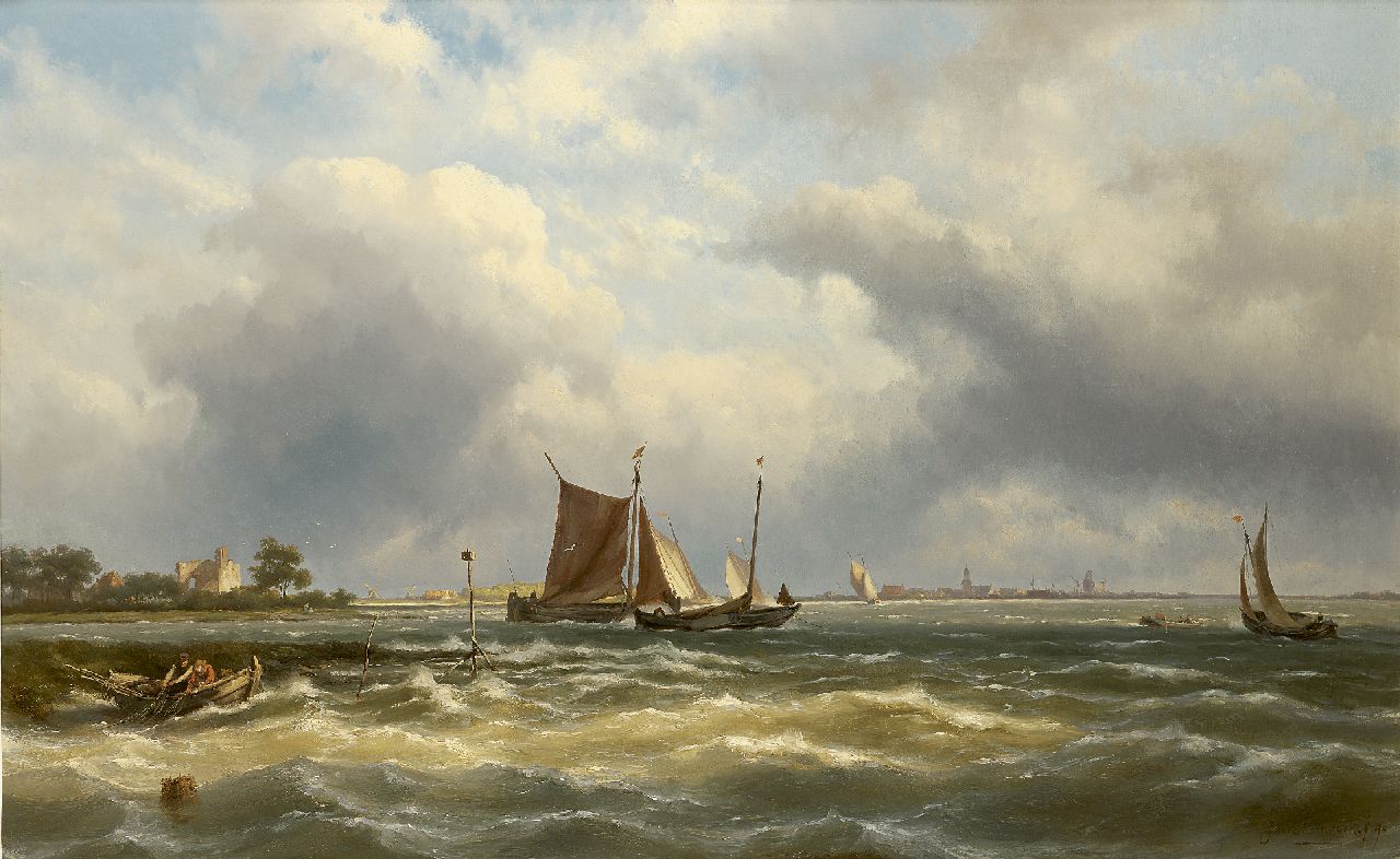 Koekkoek J.H.B.  | Johannes Hermanus Barend 'Jan H.B.' Koekkoek | Gemälde zum Verkauf angeboten | Fischerboote in einer Flussmündung, Öl auf Leinwand 66,1 x 105,6 cm, Unterzeichnet r.u. und datiert '90