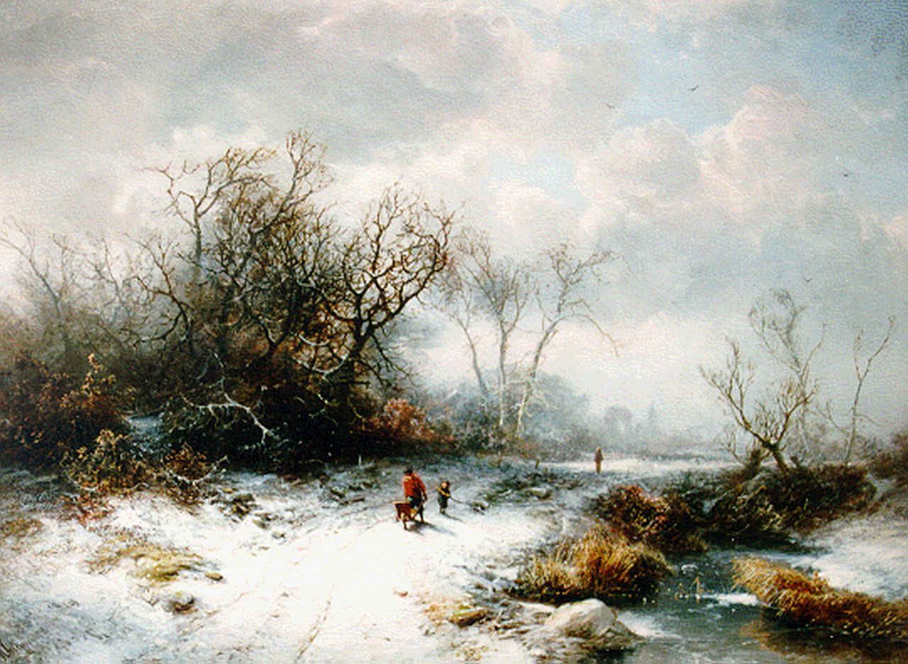 Kluyver P.L.F.  | 'Pieter' Lodewijk Francisco Kluyver, Travellers in a winter landscape, Öl auf Holz 40,0 x 55,4 cm, signed l.l.