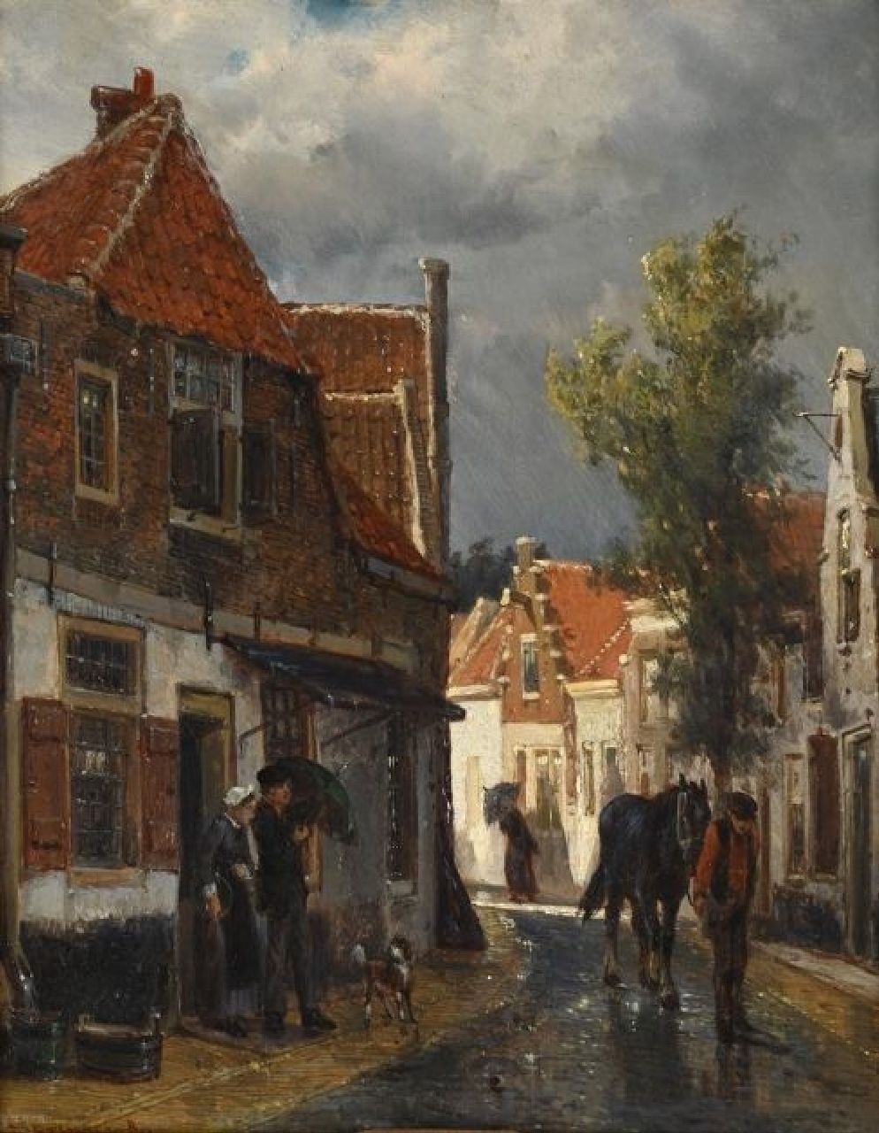 Springer C.  | Cornelis Springer | Gemälde zum Verkauf angeboten | Gässchen in Oudewater bei regnerischem Wetter, Öl auf Holz 25,0 x 19,8 cm, Unterzeichnet u.l. und datiert '80