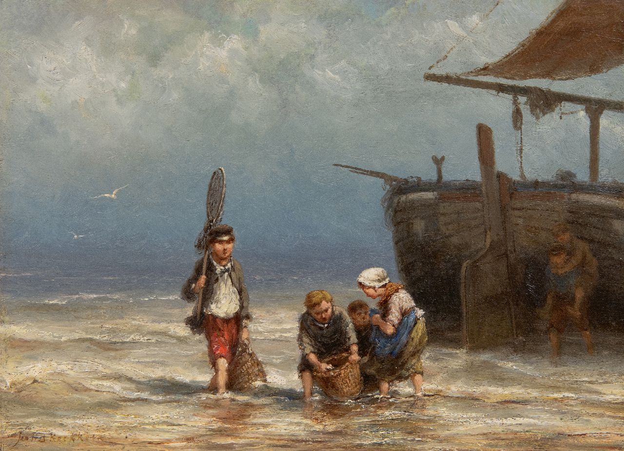 Koekkoek J.H.B.  | Johannes Hermanus Barend 'Jan H.B.' Koekkoek | Gemälde zum Verkauf angeboten | Young fishermen at the beach, Öl auf Leinwand 25,0 x 33,8 cm, Unterzeichnet u.l.