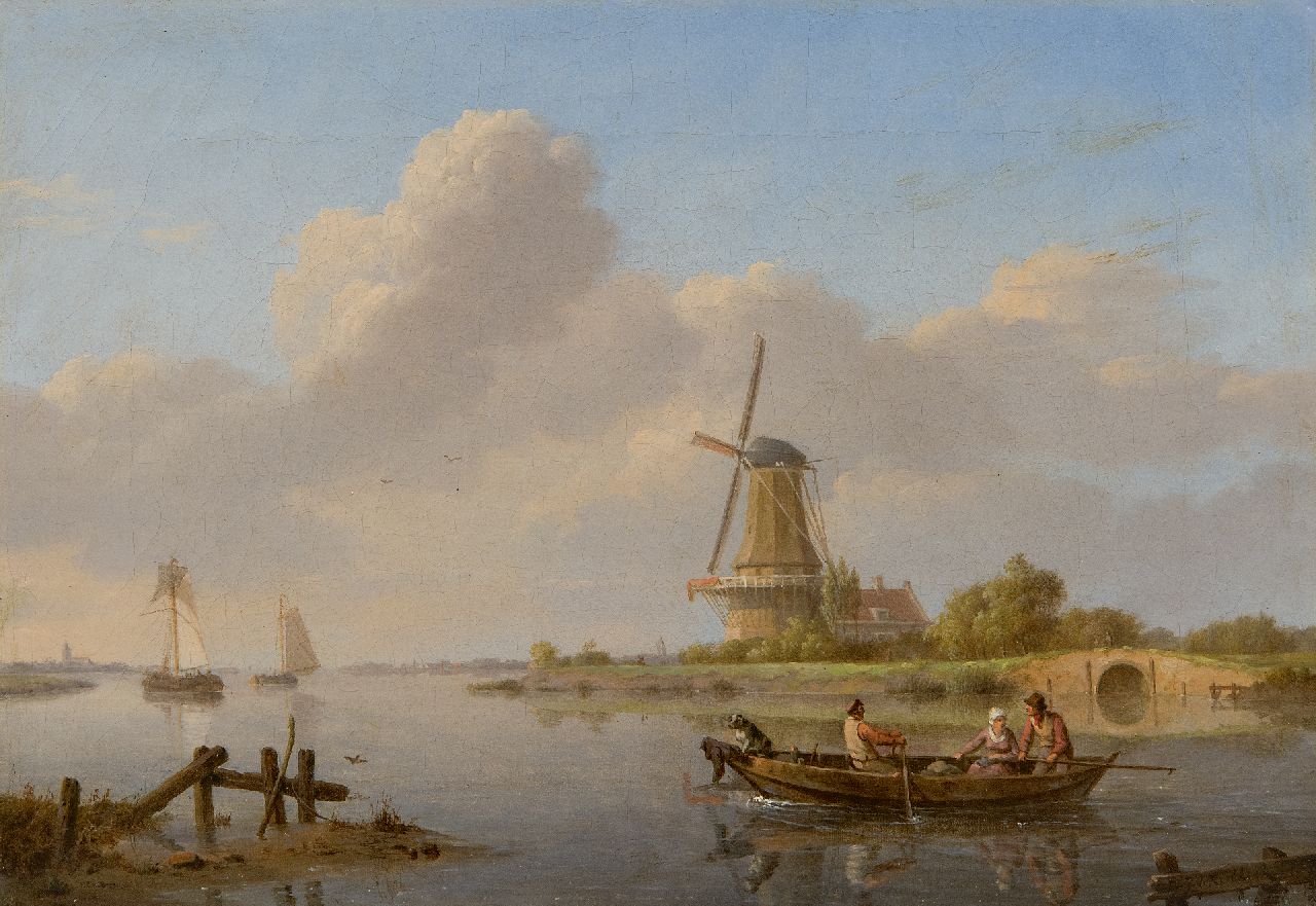 Koekkoek J.H.  | Johannes Hermanus Koekkoek | Gemälde zum Verkauf angeboten | Ruhevolle Flusslandschaft mit Mühle und Fährboot, Öl auf Leinwand 23,5 x 33,6 cm, Unterzeichnet u.r.