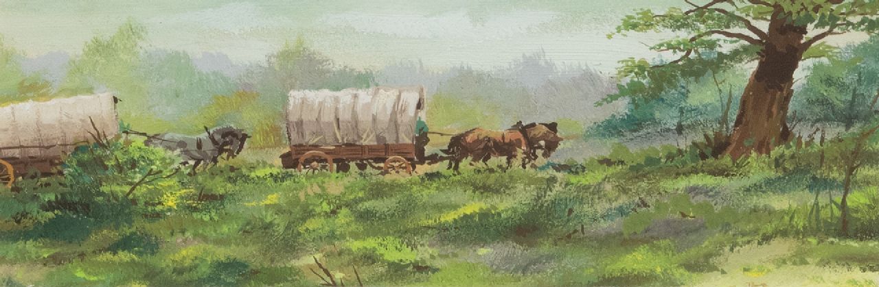 Poortvliet R.  | Rien Poortvliet | Aquarelle und Zeichnungen zum Verkauf angeboten | Planwagen in einer Landschaft von Gelderland, Aquarell auf Papier 6,3 x 17,5 cm