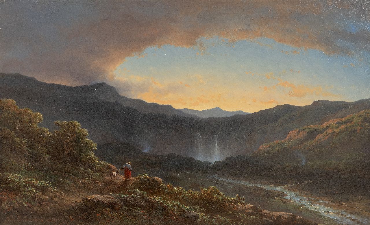 Hilverdink J. | Johannes Hilverdink | Gemälde zum Verkauf angeboten | Romantischer Sonnenuntergang bei einem Wasserfall, Öl auf Holz 33,7 x 55,3 cm, Unterzeichnet u.l. und datiert 1874, ohne Rahmen Hilverdink J. | Johannes Hilverdink | Gemälde zum Verkauf angeboten | Romantischer Sonnenuntergang bei einem Wasserfall, Öl auf Holz 33,7 x 55,3 cm, Unterzeichnet u.l. und datiert 1874, ohne Rahmen