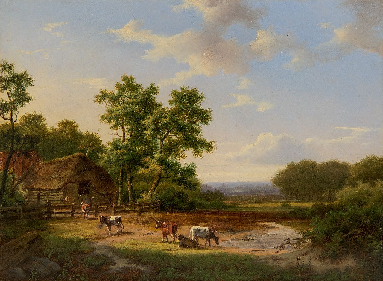 Koekkoek I M.A.  | Marinus Adrianus Koekkoek I | Gemälde zum Verkauf angeboten | Sommerlandschaft mit Vieh bei einer Bauernscheune, Öl auf Holz 25,3 x 33,8 cm, Unterzeichnet u.l. und datiert 1862
